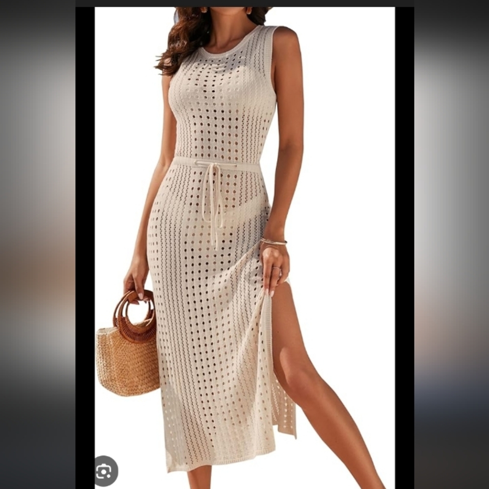 Sleeveless Cream Crochet Swim Coverup Dress with Waist Tie